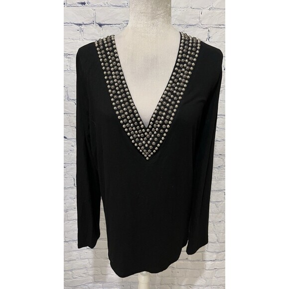 Vocal Apparel Studded V-Neck Longsleeve Black Rayon Blend Top Size XL - Picture 1 of 6